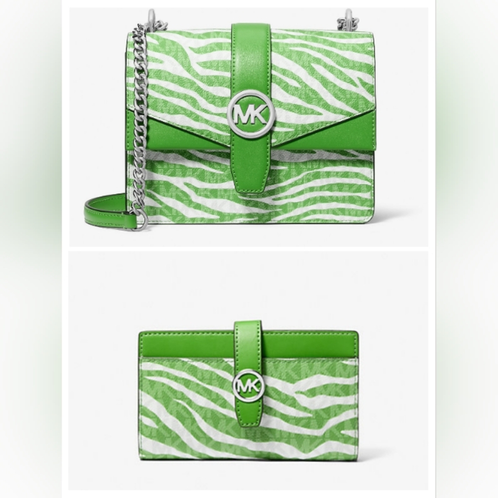NEW Michael Kors 2 Piece Set Jungle Green Zebra Print Shoulder Bag & Wallet Set